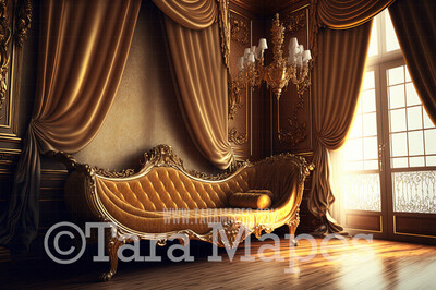 Ornate Gold Chaise Lounge Digital Backdrop - Vintage Room with Couch- Victorian Room with Luxury Loveseat -  Digital Background JPG