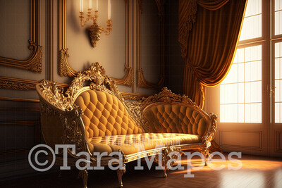 Ornate Gold Chaise Lounge Digital Backdrop - Vintage Room with Couch- Victorian Room with Luxury Loveseat -  Digital Background JPG