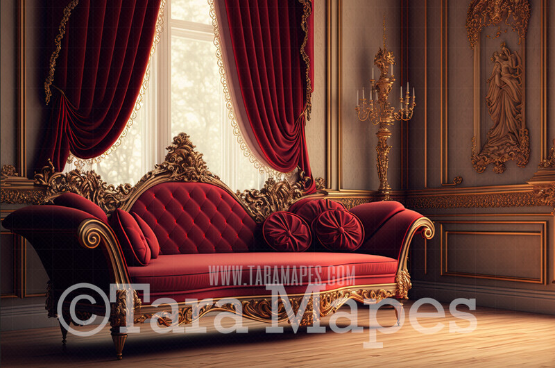 Ornate Gold and Red Chaise Lounge Digital Backdrop - Vintage Room with Couch- Victorian Room with Luxury Loveseat -  Digital Background JPG