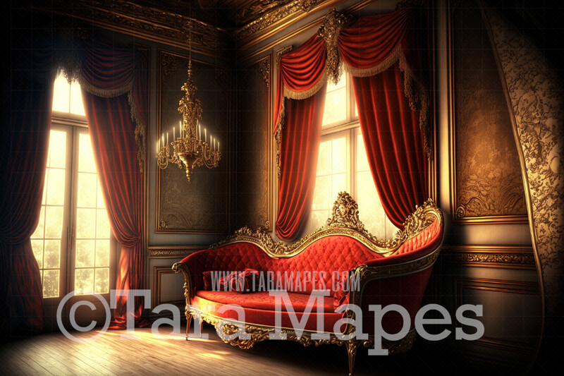 Ornate Gold and Red Chaise Lounge Digital Backdrop - Vintage Room with Couch- Victorian Room with Luxury Loveseat -  Digital Background JPG
