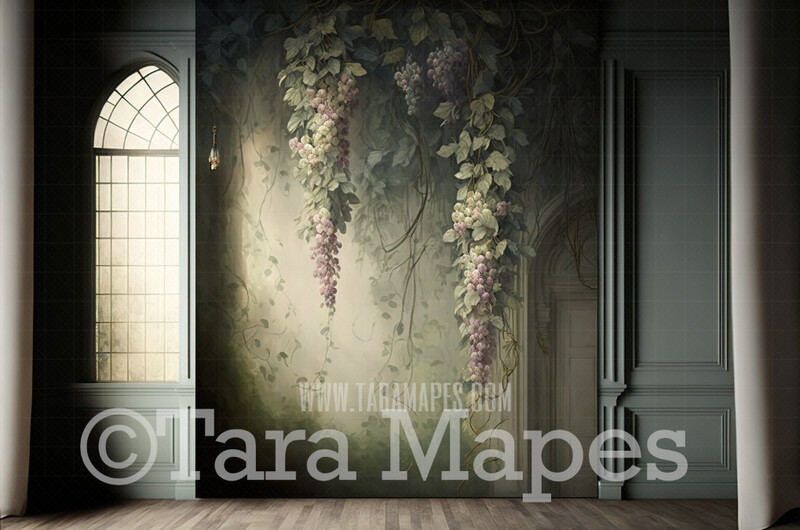 Floral Backdrop on Vintage Wall Digital Background - Vintage Room with Fabric Backdrop of Overgrown Vines (JPG FILE) - Abandoned Room with Flowers and Vines Digital Background