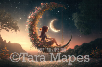 Flower Swing Digital Background - Whimsical Swing of Flowers with Moon - Floral Swing Digital Backdrop JPG file