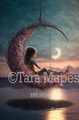 Flower Swing Digital Background - Whimsical Swing of Flowers with Moon - Floral Swing Digital Backdrop JPG file