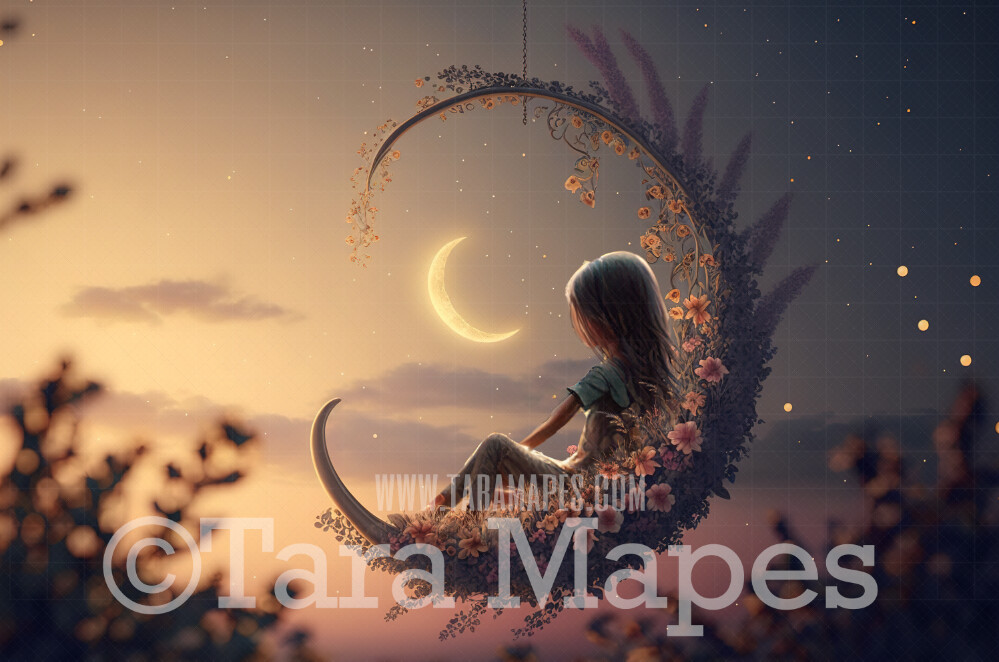 Flower Swing Digital Background - Whimsical Swing of Flowers with Moon - Floral Swing Digital Backdrop JPG file