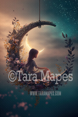 Flower Swing Digital Background - Whimsical Swing of Flowers with Moon - Floral Swing Digital Backdrop JPG file