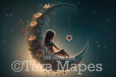 Flower Swing Digital Background - Whimsical Swing of Flowers with Moon - Floral Swing Digital Backdrop JPG file
