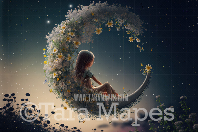 Flower Swing Digital Background - Whimsical Swing of Flowers with Moon - Floral Swing Digital Backdrop JPG file
