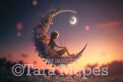 Flower Swing Digital Background - Whimsical Swing of Flowers with Moon - Floral Swing Digital Backdrop JPG file