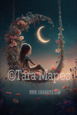 Flower Swing Digital Background - Whimsical Swing of Flowers with Moon - Floral Swing Digital Backdrop JPG file