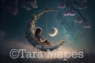 Flower Swing Digital Background - Whimsical Swing of Flowers with Moon - Floral Swing Digital Backdrop JPG file