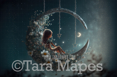 Flower Swing Digital Background - Whimsical Swing of Flowers with Moon - Floral Swing Digital Backdrop JPG file