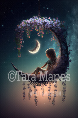 Flower Swing Digital Background - Whimsical Swing of Flowers with Moon - Floral Swing Digital Backdrop JPG file