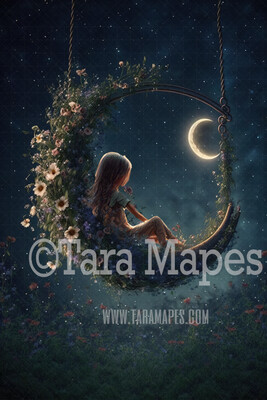 Flower Swing Digital Background - Whimsical Swing of Flowers with Moon - Floral Swing Digital Backdrop JPG file