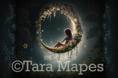 Flower Swing Digital Background - Whimsical Swing of Flowers with Moon - Floral Swing Digital Backdrop JPG file