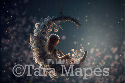 Flower Swing Digital Background - Whimsical Swing of Flowers with Moon - Floral Swing Digital Backdrop JPG file