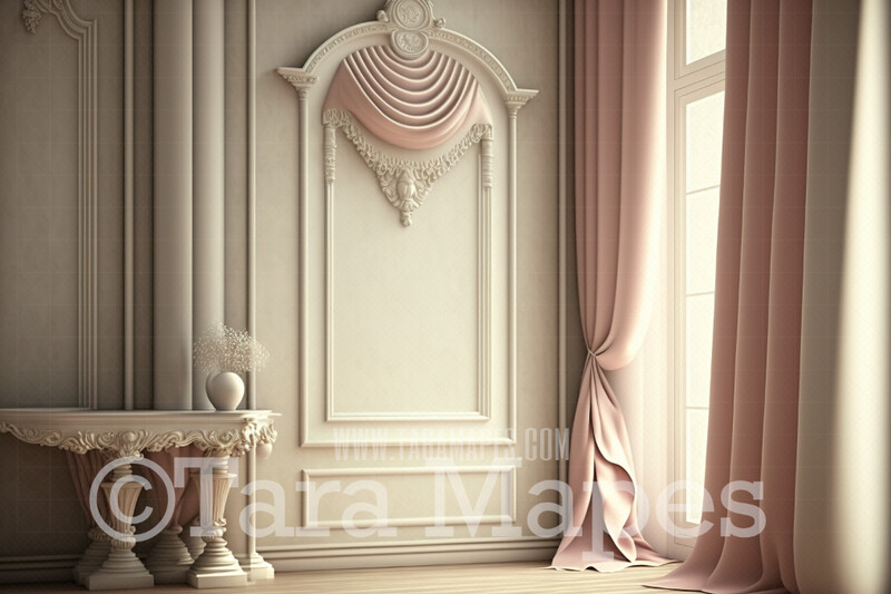 Pink Ornate Room Digital Backdrop - Vintage Window with Pink Curtains- Victorian Room Digital Background JPG