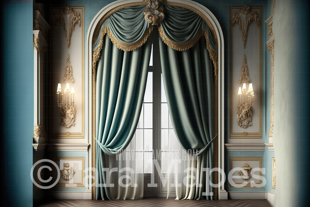 Ornate Room Digital Backdrop - Baroque Room with Silk Curtains Digital Background JPG
