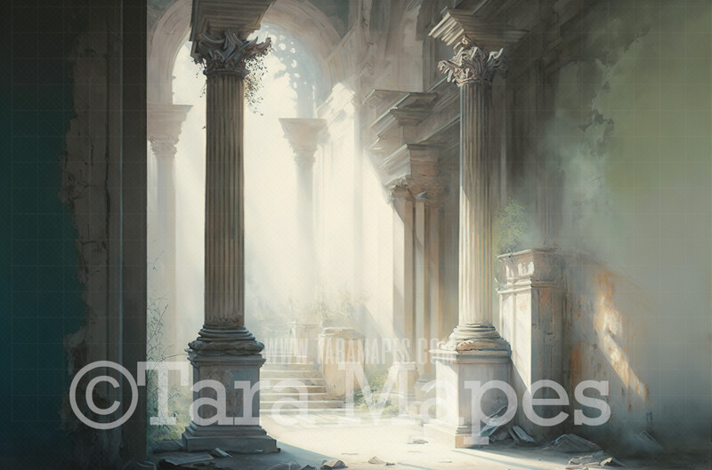 Roman Ruins Digital Background (JPG FILE) - Abandoned Ruins with Pillars and Flowing Curtains- Renaissance Style Painterly Abandoned Digital Background