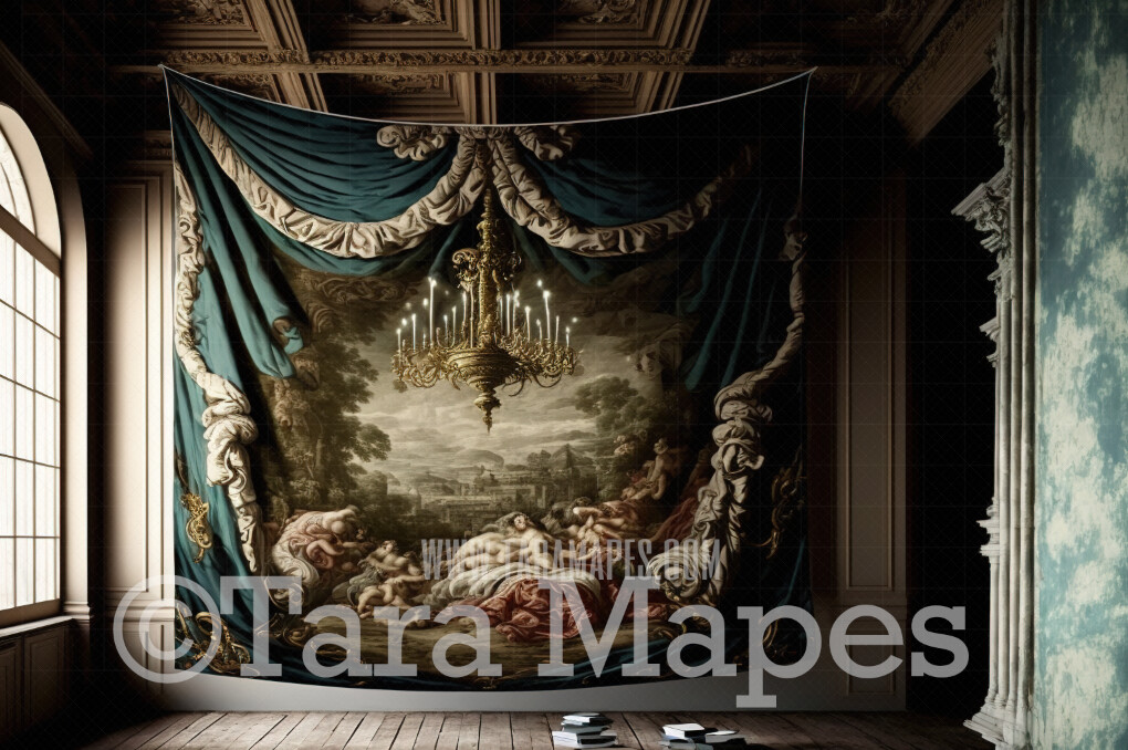 Renaissance Painting on Vintage Wall Digital Background - Vintage Room with Fabric Backdrop of Renaissance Style Painting (JPG FILE) - Abandoned Room Digital Background