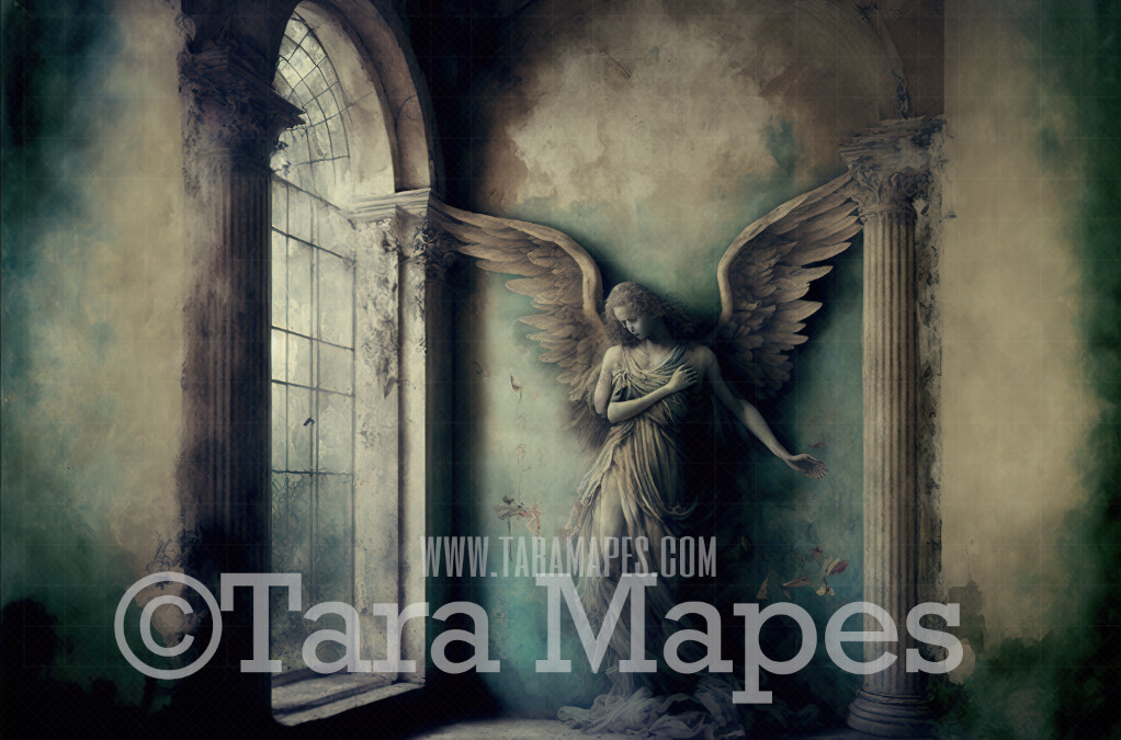 Angel Sculpture in Abandoned Room Digital Background (JPG FILE) - Abandoned Ruins with Angel- Renaissance Style Painterly Grunge Abandoned Digital Background