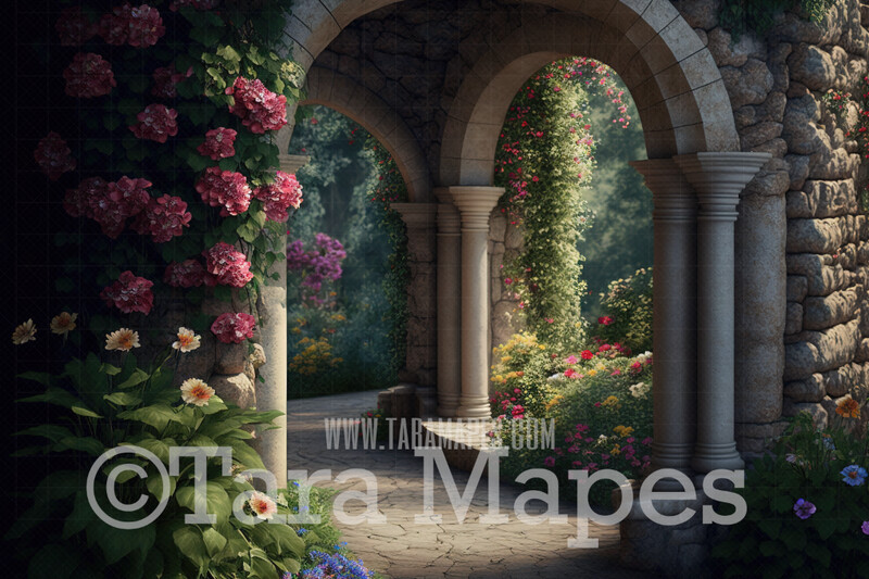 Garden Arches Digital Backdrop  - Garden of Flowers with Path and Stone Arches and Pillars  - Fantasy Garden Digital Background JPG