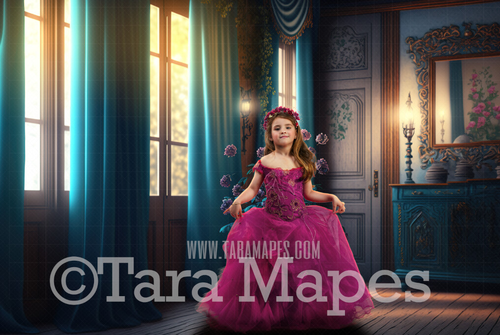 Warm Vintage Room Digital Backdrop - Vintage Window with Flowers and Curtains- Teal Victorian Room Digital Background JPG
