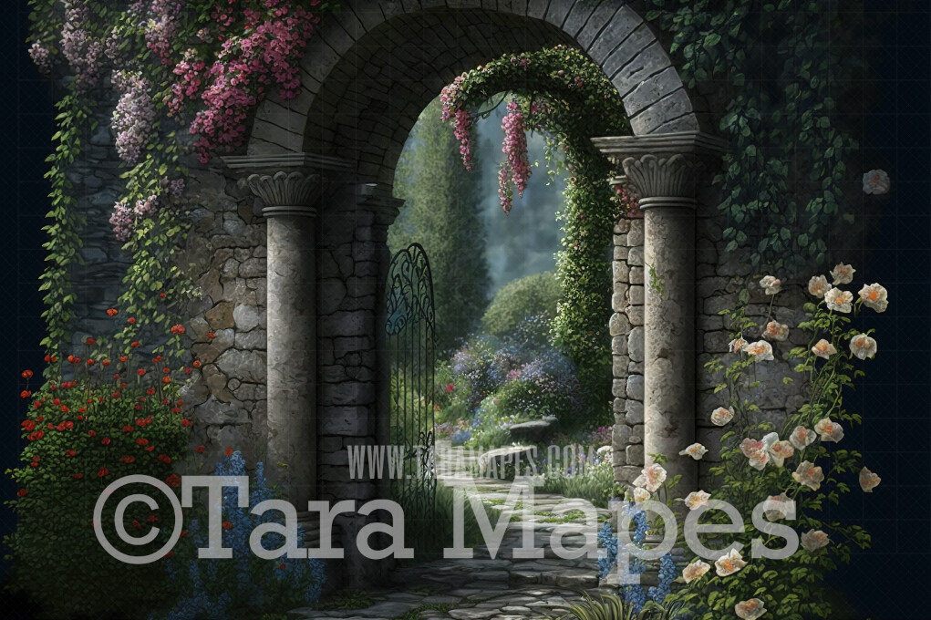 Garden Arch Digital Backdrop - Garden of Flowers with Path and Stone Arches  and Pillars - Fantasy Garden Digital Background JPG