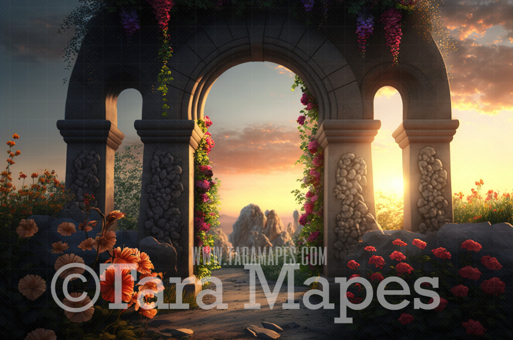 Garden Arch Digital Backdrop  - Garden of Flowers with Path and Stone Arches and Pillars  - Fantasy Garden Digital Background JPG