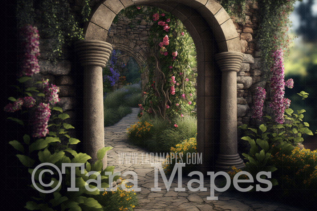 Garden Arch Digital Backdrop - Garden of Flowers with Path and Stone Arches and Pillars - Fantasy Garden Digital Background JPG
