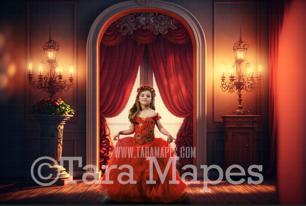 Warm Vintage Room Digital Backdrop - Vintage Window with Flowers and Curtains- Red Victorian Room Digital Background JPG