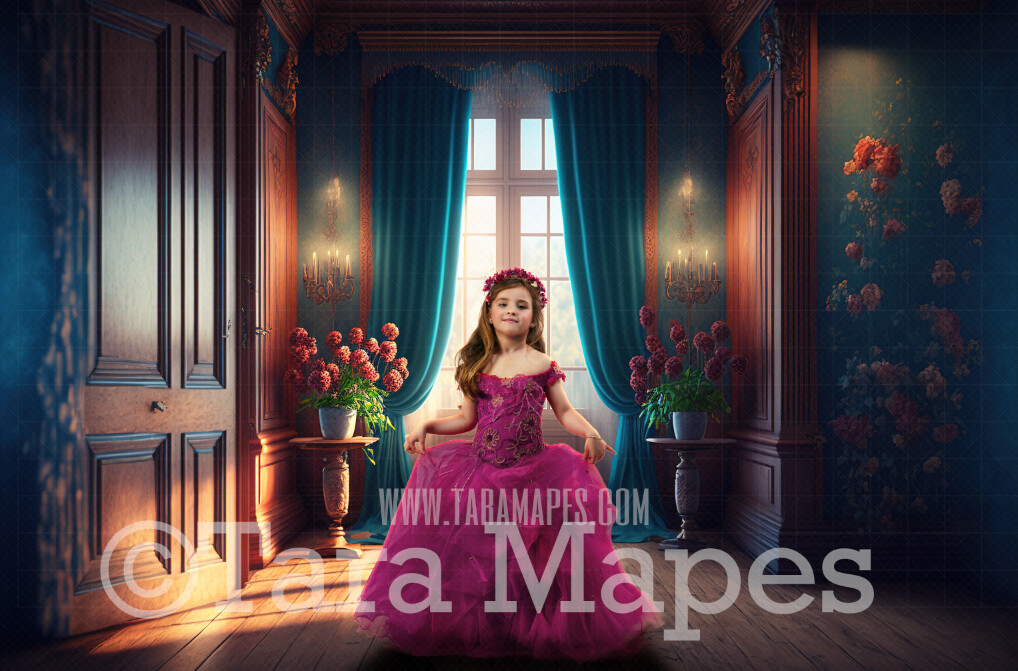 Warm Vintage Room Digital Backdrop - Vintage Window with Flowers and Curtains- Teal Victorian Room Digital Background JPG