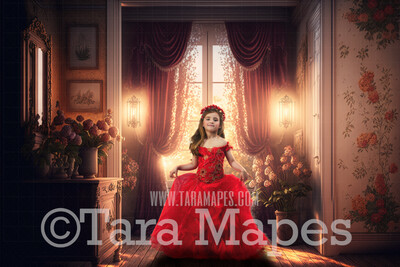 Warm Vintage Room Digital Backdrop - Cozy Vintage Window with Flowers and Curtains- Rich Victorian Room Digital Background JPG