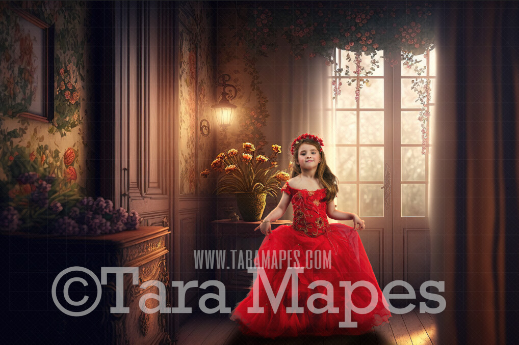 Warm Vintage Room Digital Backdrop - Cozy Vintage Window with Flowers and Curtains- Rich Victorian Room Digital Background JPG