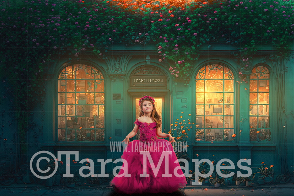 Warm Teal Flower Shop Digital Backdrop - Cascading Flowers over Storefront with Glowing Windows - Summer Spring Storefront -  Flower shop Digital Background JPG