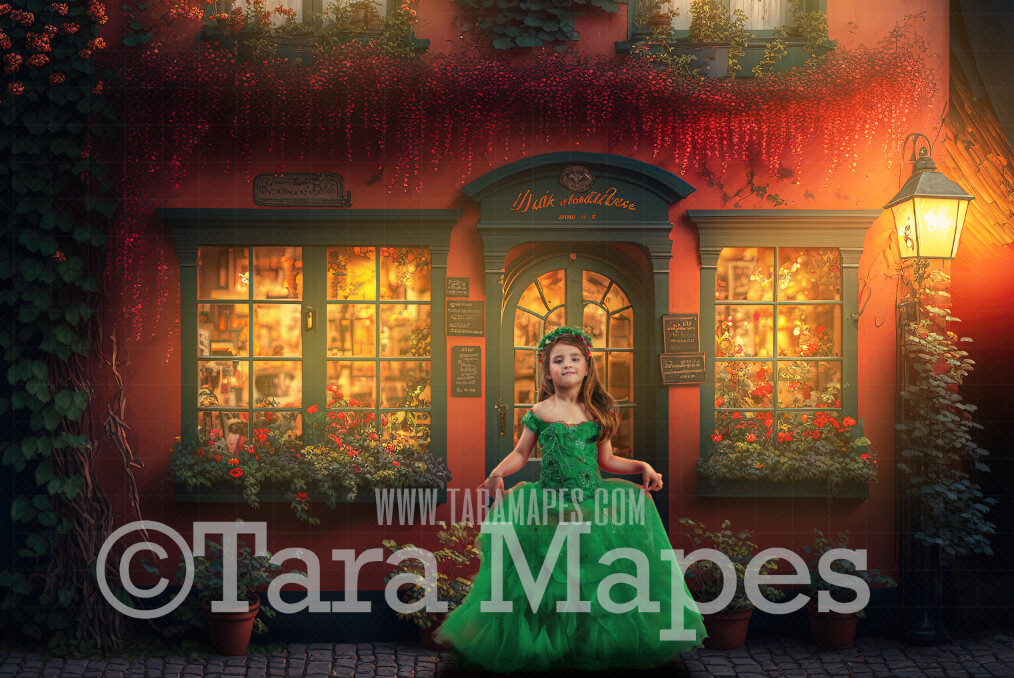 Warm Flower Shop Digital Backdrop - Cascading Flowers over Storefront with Glowing Windows - Summer Spring Storefront -  Flower shop Digital Background JPG