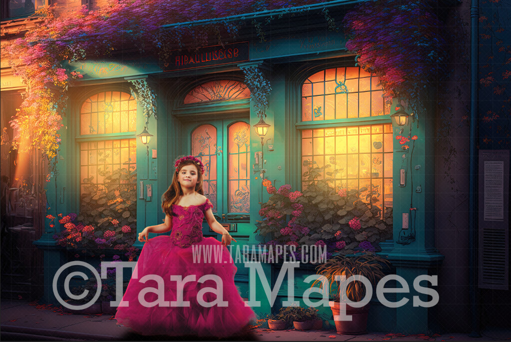Warm Teal Flower Shop Digital Backdrop - Cascading Flowers over Storefront with Glowing Windows - Summer Spring Storefront -  Flower shop Digital Background JPG