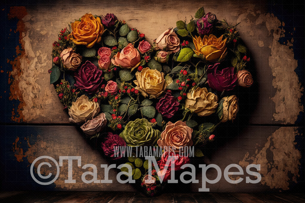 Floral Rose Heart Studio Digital Backdrop - Vintage Room with Roses in Shape of Heart - Victorian Room with Floral Heart Digital Background JPG