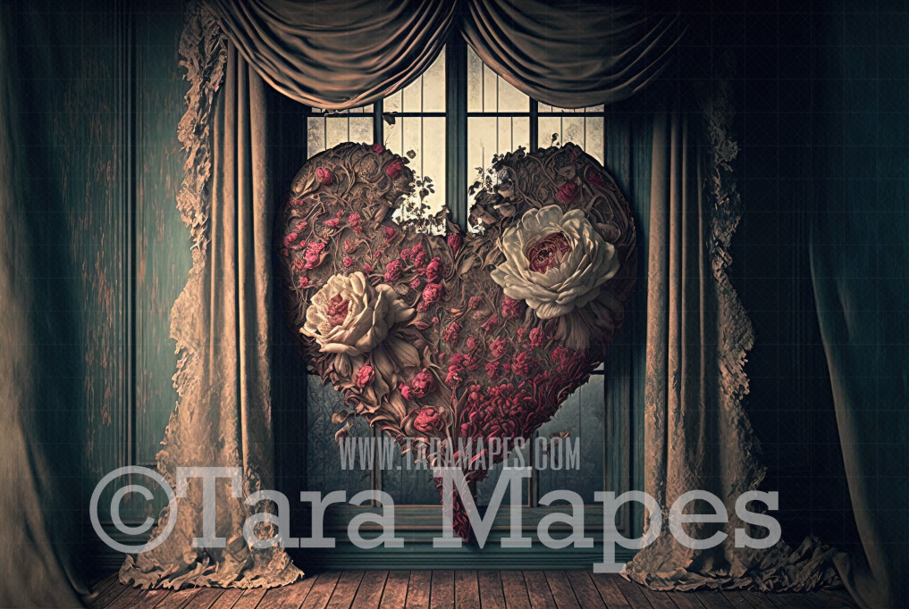 Floral Rose Heart Studio Digital Backdrop - Vintage Room with Roses in Shape of Heart - Victorian Room with Floral Heart Digital Background JPG