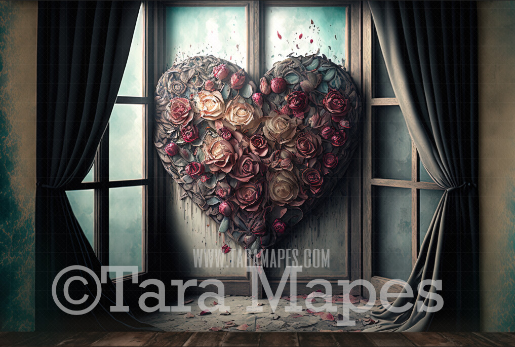 Floral Rose Heart Studio Digital Backdrop - Vintage Room with Roses in Shape of Heart - Victorian Room with Floral Heart Digital Background JPG