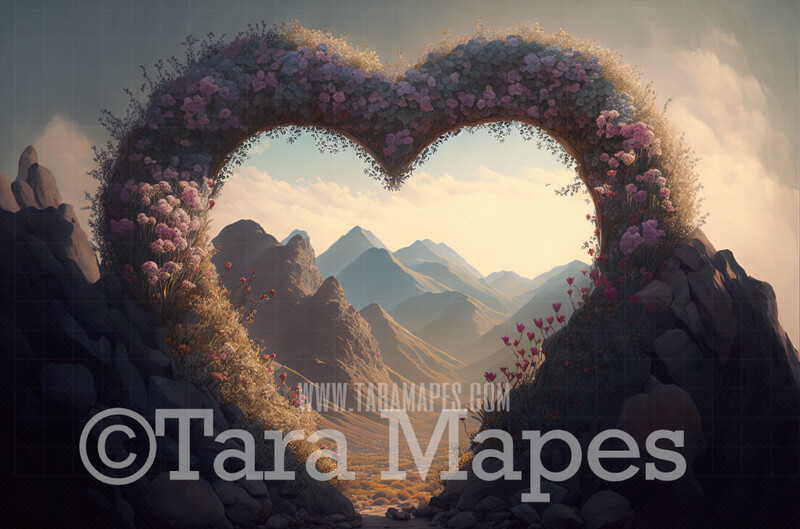 Heart Arch Digital Backdrop - Floral Heart Arch in Mountains Digital Background JPG
