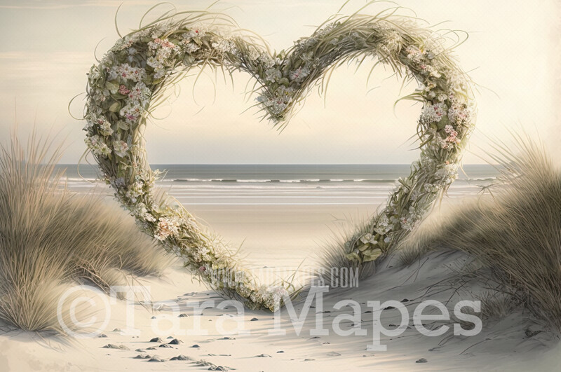 Heart Arch Digital Backdrop - Floral Heart Arch on Beach - Wedding Maternity Digital Background JPG