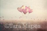 Valentine Digital Backdrop - Heart Balloons in Misty Field of Flowers - Heart Digital Background JPG