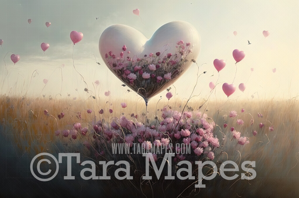 Valentine Digital Backdrop - Heart Balloons in Misty Field of Flowers - Heart Digital Background JPG