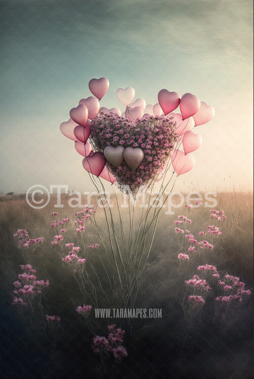 Valentine Digital Backdrop - Heart Balloons in Misty Field of Flowers - Heart Digital Background JPG