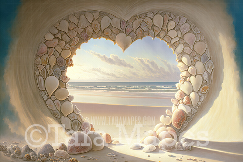 Heart Arch of Shells Digital Backdrop - Shell Heart Arch on Beach - Wedding Maternity Digital Background JPG