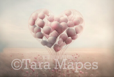 Valentine Digital Backdrop - Heart Balloons in Misty Field of Flowers - Heart Digital Background JPG