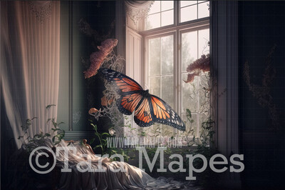 Vintage Room Digital Backdrop - Garden Room with Butterfly and Silk Curtains - Butterfly Room  Digital Background JPG