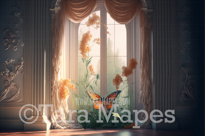 Vintage Room Digital Backdrop - Garden Room with Butterfly and Silk Curtains - Butterfly Room  Digital Background JPG