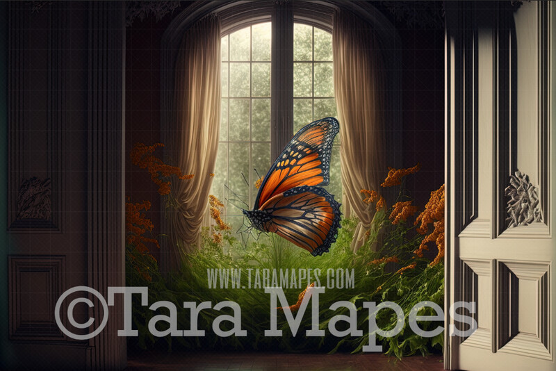 Vintage Room Digital Backdrop - Garden Room with Butterfly and Silk Curtains - Butterfly Room  Digital Background JPG