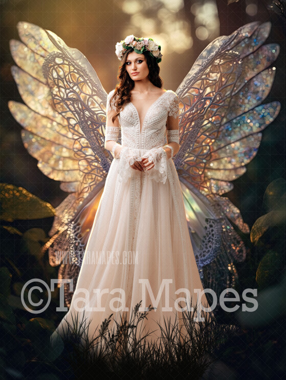 Fairy Digital Background (JPG FILE) - Delicate Glowing Fairy Wings in a Field at Sunset - Fairy Wedding Maternity Digital Background